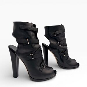 Gucci Bonneville Black Leather 38.5 Cage Peep Toe Strap Heel Bootie Box Dust Bag